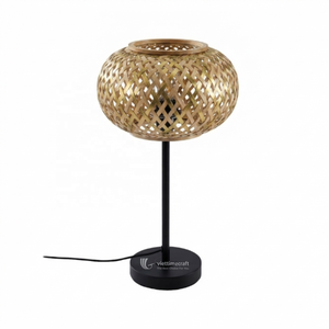 Modern HandWoven Bamboo <b>Table</b> Lamp, Pattern Desk Lamp with Metal Base, Creative Natural <b>Bedside</b> Lighting for Contemporary Home - Product Image 2