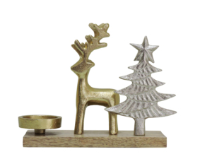 Porte-bougie de Noël avec rennes dorés et arbre à étoiles argenté sur base en bois - Décoration de table festive pour les fêtes - Product Image 2
