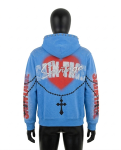Custom Y2K Streetwear Rhinestone Zip Hoodie Men Heavyweight 100% Cotton Winter Saintage Print Acid Wash Graphic Hoodie - Product Image 2