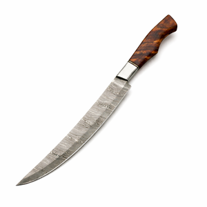 Cuchillo de filetear forjado a mano en acero de Damasco con mango de madera pulida y funda de cuero - Product Image 1