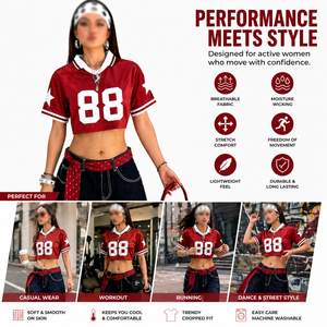 Women <b>Red</b> Mesh American Football Jersey <b>Crop</b> <b>Top</b> V Neck Short Sleeve Number Print OEM ODM Wholesale Bulk Supplier - Product Image 4