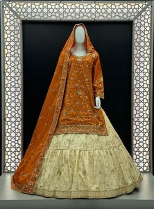 Designer Viscose <b>Silk</b> Farshi Gharara Suit Gold Zari Embroidered <b>Kurta</b> with Tiered Cream Bottom & Dupatta Elegant Wedding Par - Product Image 3