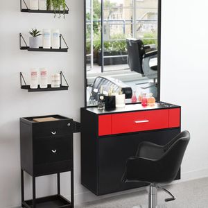 Mobiletto da Salone Nero e Rosso con 1 Cassetto e 1 Anta con Specchio, Top in Lino e Pannello in Truciolato E0 al 15%, per Cappotti da Donna, Codice 89091188 - Product Image 3