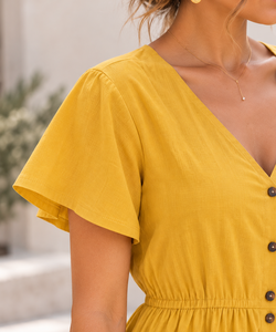 Yellow V-Neck Short Sleeve Midi <b>Dress</b> <b>With</b> Button Front And <b>Pockets</b> Boho A-Line Loose Fit Summer Casual <b>Dress</b> - Product Image 4
