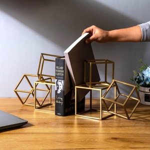 Modern design iron wire geometric hollow cube metal bookend set gold finish decorative <b>book</b> holder minimalist design heavy duty - Product Image 4