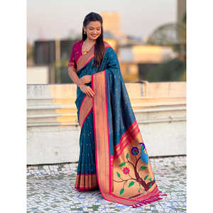 Sari de seda suave de mezclilla Elite Weaves con tejido Paithani Zari, elegante vestido de noche, 650g - Product Image 2