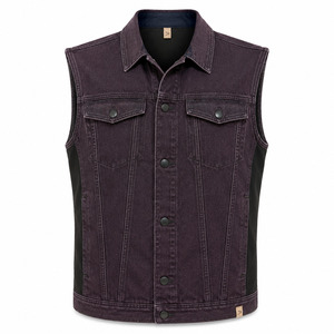 Gilet en jean vintage pour homme avec logo personnalisé, couleur prune foncé premium, sans manches, avec panneaux latéraux noirs, en coton écologique, style streetwear - Product Image 2