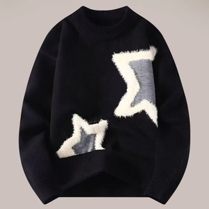 Suéter de punto con patrón de estrellas en patchwork para hombre, cuello redondo, ajuste holgado, estilo pareja, capa base cálida, tops de punto afelpados para invierno - Product Image 6