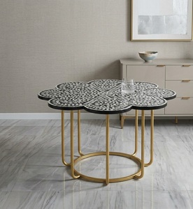 Mesa de Centro Redonda con Incrustaciones Florales de Nácar, Base de Latón Dorado, Muebles para Sala de Estar - Product Image 3