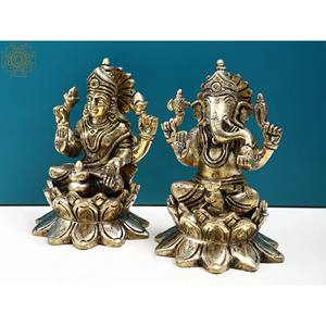 ประติมากรรมทองเหลืองขนาด4นิ้วทำด้วยมือสัญลักษณ์อินเดียแบบดั้งเดิมลักษมีพระพิฆเนศนั่งอยู่บนดอกบัว - Product Image 3