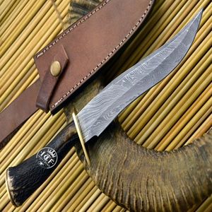 Couteaux à lame fixe en acier Damas faits à la main, avec manche en corne, pour la survie en plein air et le camping, OEM - Product Image 1