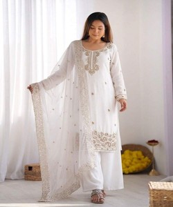 FANCY GMY SILK EMBROIDERY BEADS WORK TOP PALAZZO WITH DUPATTA WHOLESALE PRICE ETHNIC GARMENT 85063 WHITE - Product Image 1