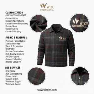 Wize International <b>Men's</b> Plaid Woolen <b>Jacket</b> Zipper Front Embroidered Logo Casual Autumn Breathable Windproof Reversible - Product Image 6
