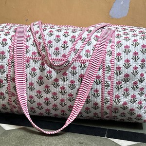 Indian Handmade Luxury Lightweight Block Print Quilted Cotton Duffle <b>Bag</b> Pink Floral Cotton <b>Duffel</b> <b>Bag</b> with Striped - Product Image 3