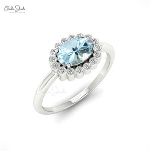 Bague de fiançailles en aquamarine naturelle ovale 7x5 mm, or massif 14 carats, diamant, bijoux fins faits à la main, en promotion spéciale pour la Journée de la femme - Product Image 2