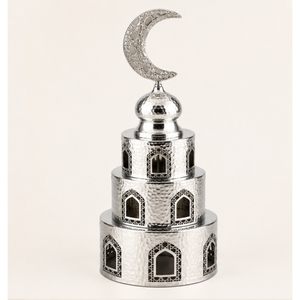 Luxury Silver Hammered Metal Mosque Minaret Tower Ornament with Crescent Moon <b>Top</b> for Ramadan <b>Table</b> <b>Decoration</b> and Eid Mubarak - Product Image 6