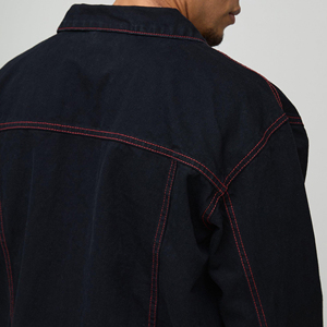 Veste en jean décontractée brodée coupe oversize coupe-vent à épaules tombantes pour homme, noire délavée, 100 % coton, hiver - Product Image 4