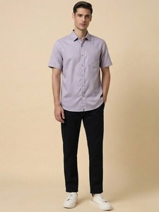 Men's Light Grey Short Sleeve Cotton Poplin Casual Shirt Turn-<b>down</b> Collar Solid Color Breathable Summer Wear - Product Image 2