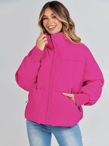 Veste matelassée imperméable en toile rose pour femme, hiver, décontractée, à capuche, manches longues, légère, en duvet, couleur unie, fermeture éclair - Product Image 4