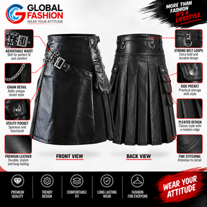 Kilt en cuir véritable noir pour homme 2026 avec chaînes et poches, coupe classique, style européen - Product Image 5