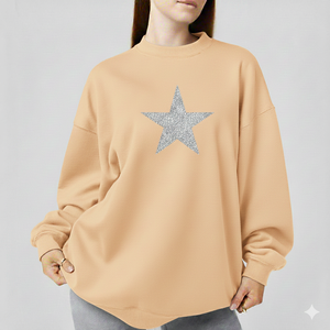 Sweat-shirt oversize pour femme à col rond avec imprimé étoiles scintillantes, épaules tombantes, manches longues, en coton tricoté, pour l'automne - Product Image 1