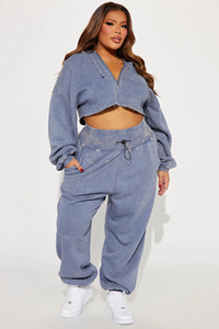 Women's Winter Hooded Tracksuits <b>Cropped</b> <b>Zip</b> <b>Up</b> Set Customizable Regular Fit Distressed Acid Wash Solid 100% Cotton Jogger - Product Image 3