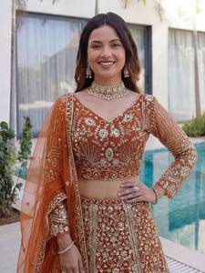 Women's Lehenga Choli Dupatta Vintage Traditional Style Recycled Butterfly <b>Net</b> <b>Fabric</b> Regular Length Soft Embroidery Party Wear - Product Image 4