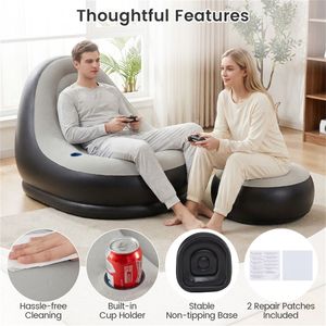 Divano Gonfiabile con Pouf per Camera da Letto 104.14x127x90.17cm, Divano in PVC Floccato, Capacità 220 libbre, Portabicchieri, Grigio+Nero - Product Image 5