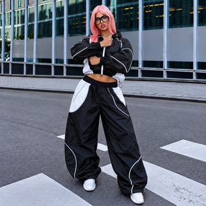 Women Black White Tracksuit <b>Hooded</b> Full Sleeve Loose Fit Streetwear Spring Casual Sportswear With Side Pockets - Product Image 1