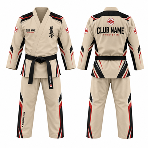 Kimono de karaté MEGAMAPLE Club, imprimé par transfert thermique, nom et numéros d'équipe, blanc et bleu, col en V, manches longues, coton respirant, unisexe - Product Image 1