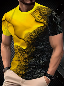 T-shirt à manches courtes pour homme, motif abstrait jaune et noir, coupe classique, respirant, en polyester tricoté, décontracté, col rond - Product Image 2
