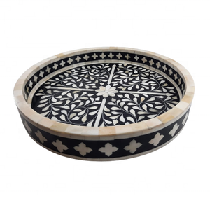 Plateau artisanal bohème en os incrusté pour le thé, les collations, les boissons, la décoration de table basse, motif floral végétal en bois, plateau de service durable avec poignée - Product Image 4