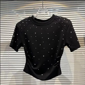 <b>Rhinestone</b> Dot Pattern Woven Denim Regular Fit Casual O-Neck Summer T-Shirts Women's Black Short Sleeve <b>Crop</b> <b>Top</b> T Shirts - Product Image 1