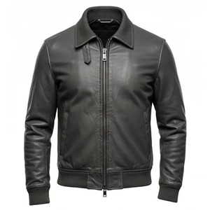 Blouson en cuir gris pour homme – Style moto classique avec fermeture éclair, poignets et ourlet côtelés – Vêtement d'extérieur automne-hiver - Product Image 1