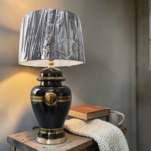 Traditional Ceramic Table Lamp <b>Black</b> Gold Medusa Design Drum <b>Shade</b> Gray Metal <b>Shade</b> Bedroom Decorative <b>Lighting</b> E27 LED 2700K - Product Image 2