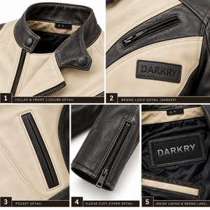 Blouson de moto en cuir noir et crème bicolore, col montant, fermeture éclair décalée, unisexe, vêtement d'extérieur pour motard, fabricant en gros - Product Image 6