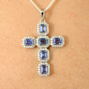 Pendentif croix en or blanc massif 14 carats avec saphir - Collier chaîne religieux vintage - Product Image 1