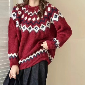 Suéter de lana tejido a mano para mujer, cuello redondo, patrón geométrico, manga larga, grueso, informal, para invierno, verde - Product Image 1