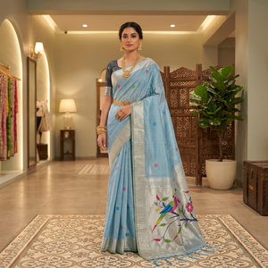 Sari en coton bleu clair avec tissage floral et motifs de paon, tenue traditionnelle indienne pour mariage, pour femmes - Product Image 1