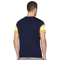 T-shirt à manches courtes rayé col rond pour homme, tricoté, coupe décontractée, color block bleu marine, jaune et blanc