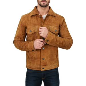 <b>Men's</b> Brown <b>Suede</b> Leather <b>Jacket</b> Casual Winter Wear Stand Collar Regular Fit Single Breasted Zipper Closure - Product Image 1