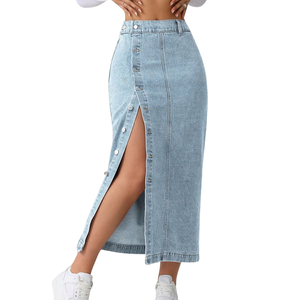 Women's High Waist Button Front Woven <b>Denim</b> Maxi Skirt with Side Slit Casual <b>Stretch</b> Summer/Winter Fashion - Product Image 2