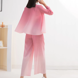 Pink Pleated Pants Suit Two Piece Women <b>Knit</b> <b>Set</b> O-Neck Long Sleeve Blazer and Trousers Casual Wear - Product Image 4