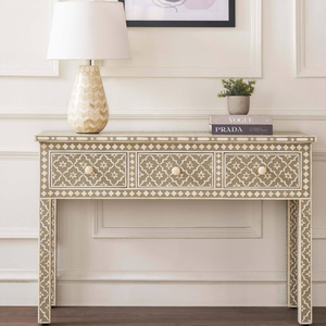 Une élégante table console cascade bleue avec incrustations en os, ornée de motifs floraux détaillés et dotée de deux tiroirs, disponible en gros. - Product Image 4