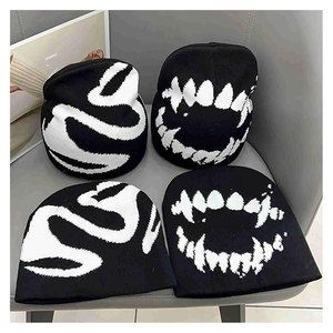 Hat Soft Comfortable Black Graphic Beanie for Men and Women Streetwear Knitted Slouchy <b>Goth</b> Skull Cap Urban Fashion Winter - Product Image 6