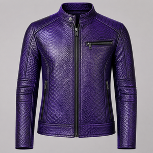 Purple Crocodile Embossed Leather Moto Jacket <b>Men</b> Slim Fit Stand Collar Zipper Closure Regular Sleeve Autumn Style - Product Image 2