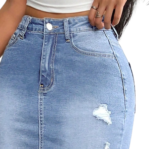 Women's Light Blue <b>Stretch</b> <b>Denim</b> Pencil Skirt High Waist Bodycon Knee Length Casual Regular Fit Vintage Distressed Breathable - Product Image 4
