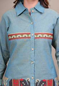 Blue Embroidered <b>Denim</b> Shirt Women <b>Long</b> Sleeve Button Up <b>Jacket</b> Casual Ethnic Style Top - Product Image 4