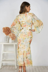 Vestido Maxi de Gasa Floral con Cuello en V, Mangas Abullonadas y Corte en A, Vestido Casual de Verano - Product Image 2