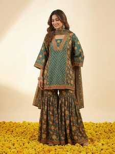 Traditional <b>Indian</b> Women's Green Cotton Floral Print <b>Kurti</b> Sharara Set Loose Fit Floor-Length Casual All Season Ethnic Wear - Product Image 2